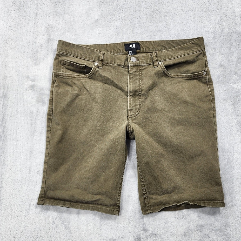 H&M Shorts Mens 30 Green Denim Stretch Bermuda 9 Inseam Casual‎ Summer Jeans